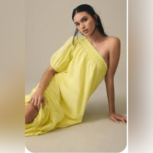 Anthropologie Maeve One Shoulder Yellow Maxi Dress women’s Sz L NWT boho Pockets - Picture 4 of 7